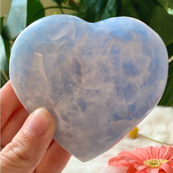 Natural Blue Calcite Polished Heart Milky Lines and Natural Patterns Crystal - Picture 1 of 8